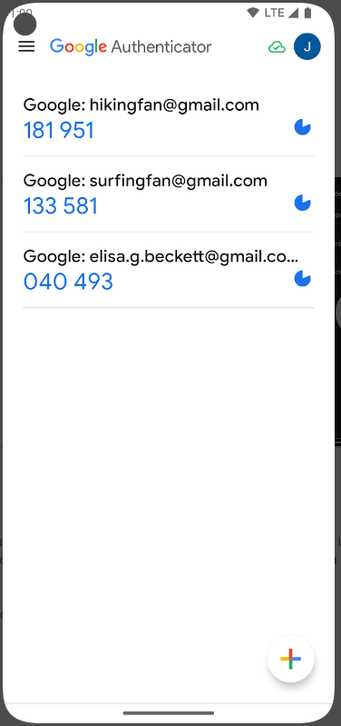 Google Authenticator displaying time-based one-time codes
